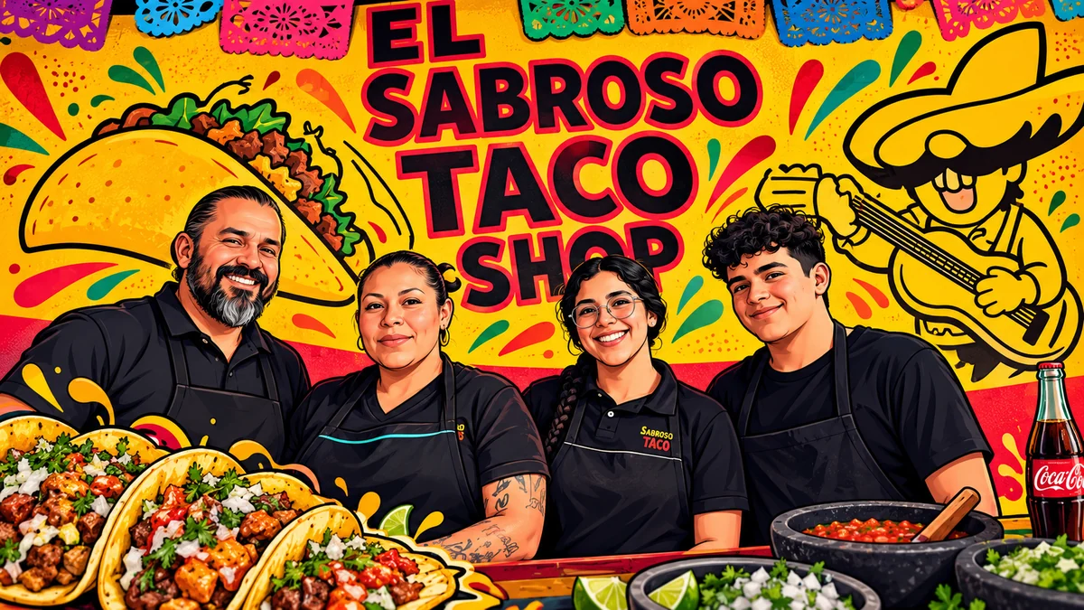 Ilustración del equipo de El Sabroso Taco Shop frente al mural amarillo con papel picado, tacos, salsas en molcajete y una Coca-Cola